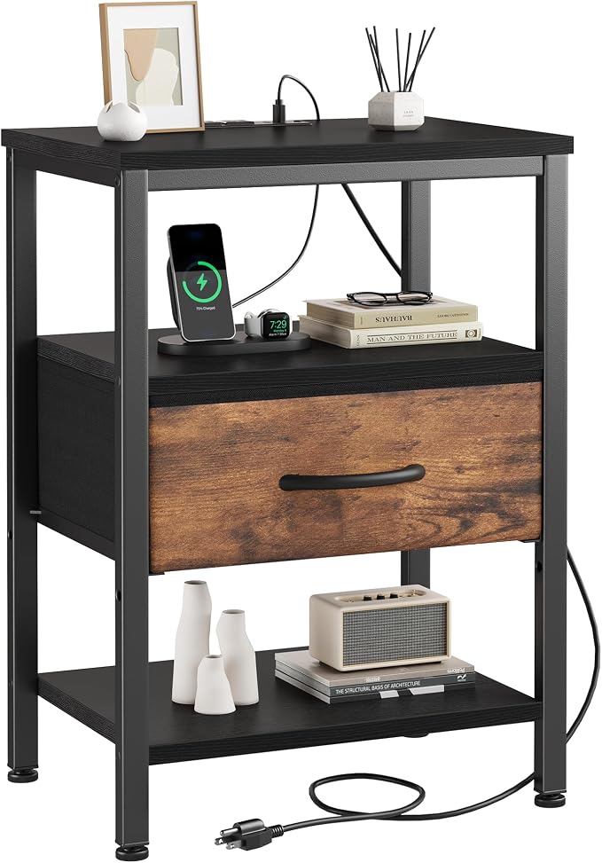 DUMOS Bedside Table with Charging Station and Adjustable Fabric Drawer Compact Nightstand 3-Tier Storage Organizer End Table for Bedroom,Black and Brown by DumosLifestyle
