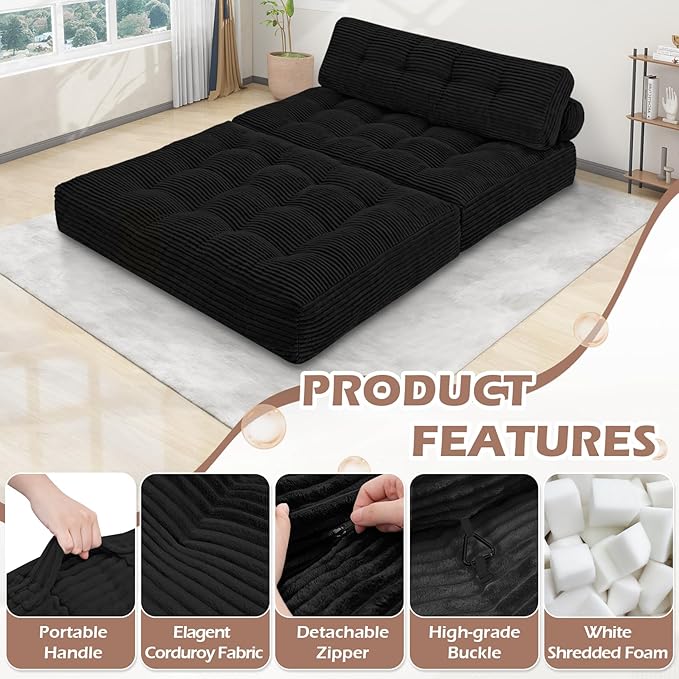 Folding Sofa Bed, Convertible Sleeper Chair with Pillow & Handle, Foldable Mattress Futon Chair Bed Lounge with Back Support, Comfy Floor Sofa for Living Room Bedroom, Black, Full