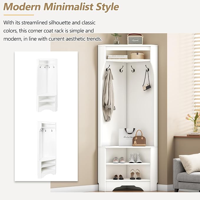 LUMISOL Corner Hall Tree with Shoe Bench for Entryway, Modern Mudroom Coat Rack with 4 Hooks, Corner Cabinet with Adjustable Shelf for Living Room Hallway, White - Image 7