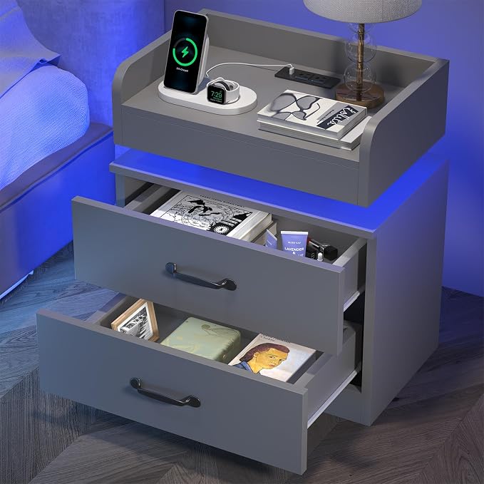 4ever2buy Grey Nightstand with Charging Station and LED Lights Modern Bedside Table with 2 Drawers End Table for Bedroom by 4ever2buy