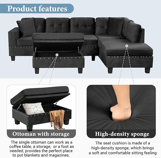 Ball & Cast L-Shape Sectional Couch with Storage Ottoman,105" Couches for Living Room W/ 2 Pillows & Cup Holders,6 Seat Velvet Sleeper Sofa W/Reversible Chaise,Comfy Couches for Apartment,Black