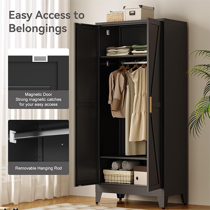 COFaR Metal Wardrobe Cabinet, 71" Farmhouse Storage Cabinet with Hanging Rod, 2 Barn Door, 2 Adjustable Shelves and Legs, for Bedroom, Laundry Room, Cloak Room, Gym, Office, School (Black)