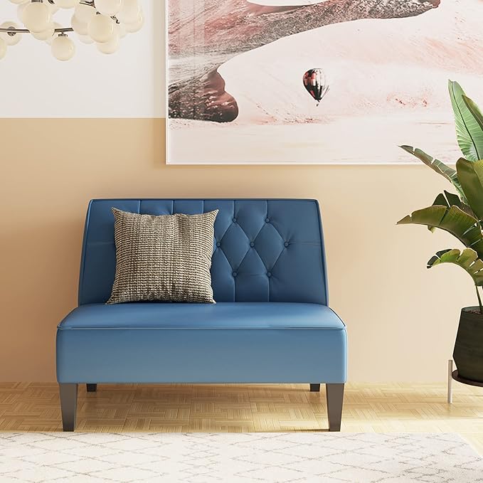 annjoe Button Tufted Loveseat Settee Upholstered Sofa Backrest Buckle Couch Banquette Bench for Dining Room Living Room Bedroom Funiture-Blue