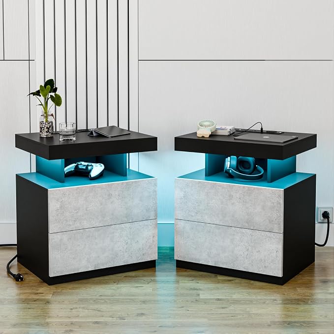 HOMMPA LED Nightstand Set of 2, Night Stand with Wireless Charging Station & USB Ports, High Gloss Bedside Table with LED Light Adjustable Brightness, Smart Nightstand 2 Drawers for Bedroom Grey - Image 9