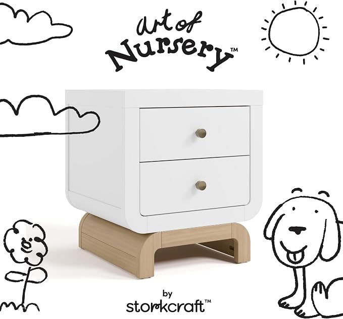 Storkcraft Santorini 2 Drawer Nightstand (White & Driftwood) - GREENGUARD Gold Certified Nightstand for Kids Bedroom, Premium Wood with Curved Base, “Champagne” Metal Knobs - Image 7