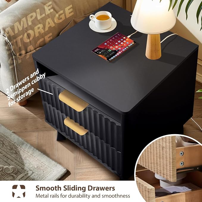 Fluted Nightstand - 24" Modern Bedside Table w/ 2 Drawers, Wood Bed Side End Table with Open Shelf, Night Stand with Storage Drawer, Curved Design Night Stands for Bedroom Living Room (Black) - Image 4