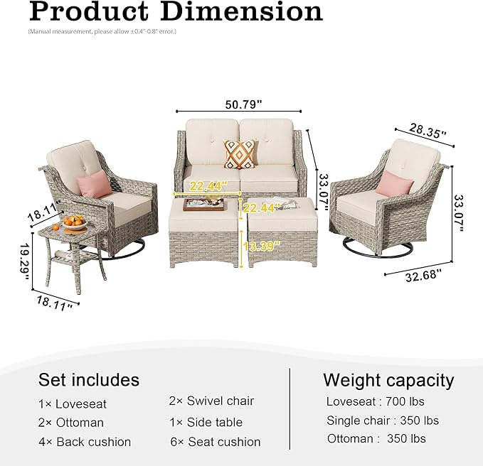 HOOOWOOO 6 Piece Patio Furniture Conversation Sets with Swivel Rocking Chairs,Outdoor Wicker Furniture with Ottoman,All Weather Resistant High Back Rattan Conversational Set(Beige Tan)