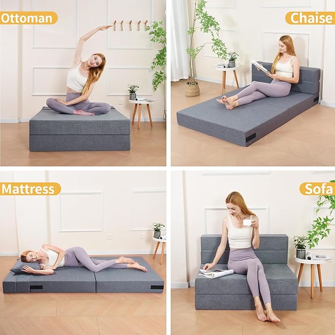 Folding Sofa Bed Twin Size, Foldable Sleeper Chair with 2 Pillows, Convertible Futon Sofa Bed with Washable Cover, Fold Out Couch for Living Room, Dorm, Guest Room, Standard Size, Light Grey