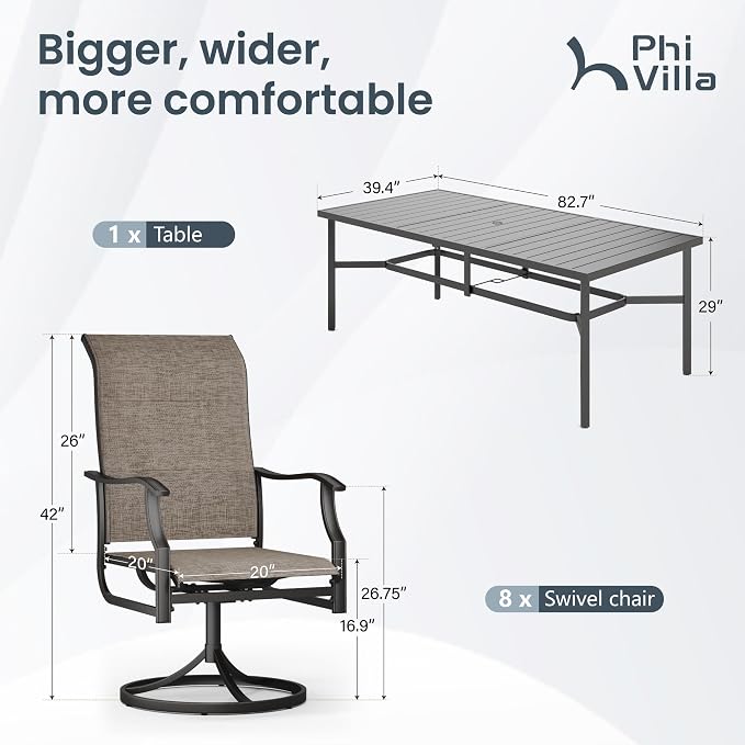 PHI VILLA 9 PCS Patio Dining Set for 8 Person, Padded High Back Outdoor Swivel Chairs and Large Metal Table, Patio Table and Chairs Set for Outdoor Deck Lawn Garden - Image 9