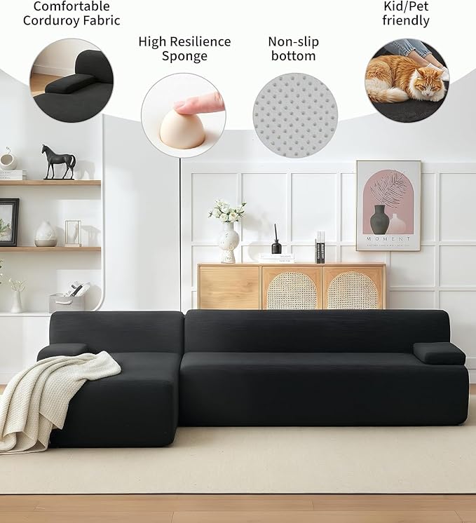 108" Sectional Couches for Living Room, Modular Sectional Sofa with L-Shape Chaise, Cloud Couch, Comfy Corduroy Couch with Deep Seat, No Assembly Required,Black