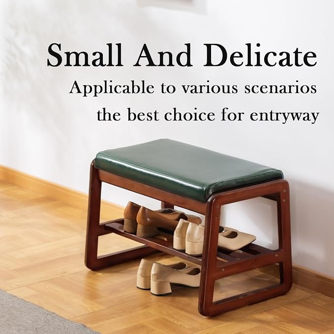 latifolia Solid Wood Bench, Entryway Shoe Bench with Cushion, 2 Tier Shoe Storage Organizer for Hallway, Living Room(Green,21.65''L) - Image 4