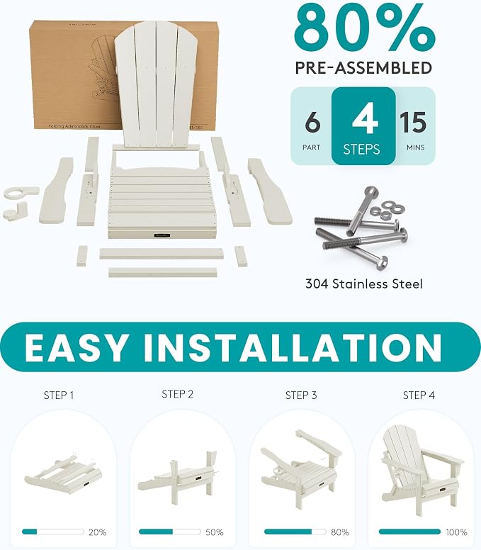 SERWALL Folding Adirondack Chair Set of 6 - Folding Adirondack Chairs with Cup Holder, HIPS Outdoor Chairs Weather Resistant Fire Pit Chairs- White - Image 6