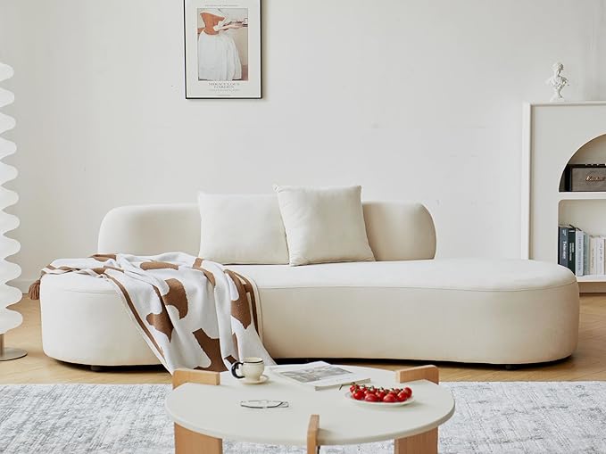 90" Curved Sofa with Throw Pillows, 4 Seater Luxury Velvet Couch with Half Moon Design and High-Density Foam, Ideal for Modern Living Room, Office & Apartment, Ivory White