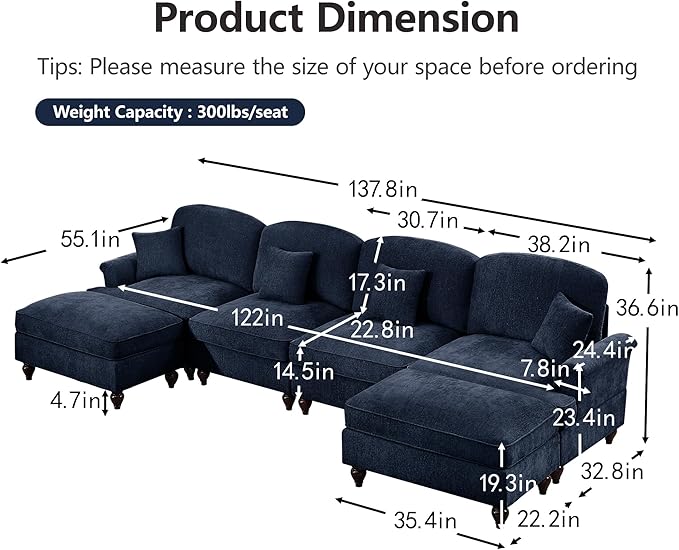 KEIKI Mid Century Modular Sofa with Flared Arms and Skirted Design, 137“ Oversized 4-Seater with 2 Ottomans Luxury Chenille U-Shaped Sectional Couches for Living Room, Chaise Lounge Indoor, Blue