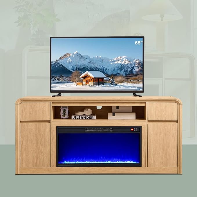 Modern Fireplace TV Stand with 36"LED Electric Fireplace for 80 inch TVs, 32"Tall Entertainment Center w/Drawers &Adjustable Shelves, Wood Media Console w/Curved Profile Design for Living Room,Natural - Image 7