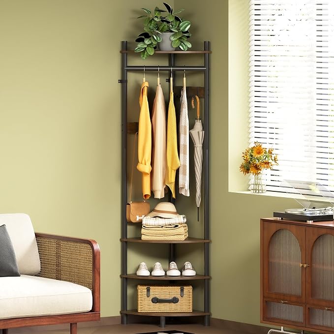 GiftGo Corner Hall Tree with Shoe Rack Entryway Coat Rack with 6 Metal Movable Hooks Floor Standing Clothes Rack Organizer for Home Office Bedroom (Rustic Brown) - Image 7