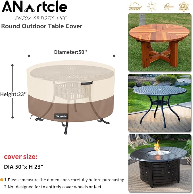 ANartcle Round Patio Table Covers 50inch,100% Waterproof 600D Heavy Duty PatioTable Cover,Round Patio Table Covers for Outdoor Furniture,50"DIA x 23"H,Beige&brown. - Image 3