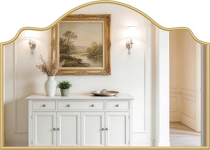 Arched Scalloped Mirror, 36" x 26" Gold Arched Fireplace Mirror with Rubberwood Frame, Scalloped Antique Wall Mirrors for Mantel, Bedroom, Living Room, Bathroom, Entryway by Rigidemand