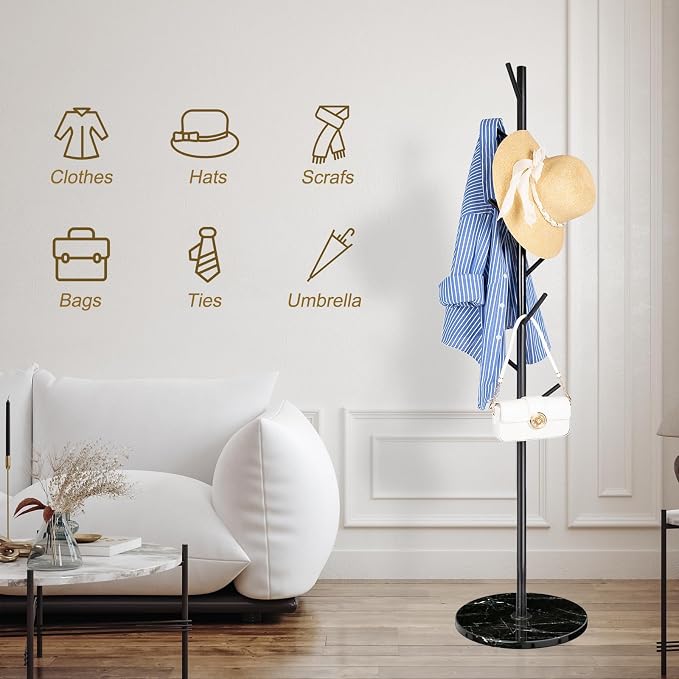 ZOZOE Metal Coat Rack Freestanding, Modern Heavy Duty Coat Racks with Natural Marble Base, Stable Coat Tree Stand, Hall Tree Hanger Coat Stand with for Bags, Hats, Entryway, Office - Image 5