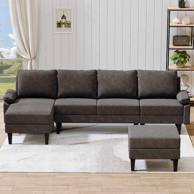 115 Inch Modular Sectional Sofa with Storage Ottoman, Modern L-Shaped Sectional Couch with Chaise, Chenille Couch for Living Room, Apartment or Small Spaces, Brown