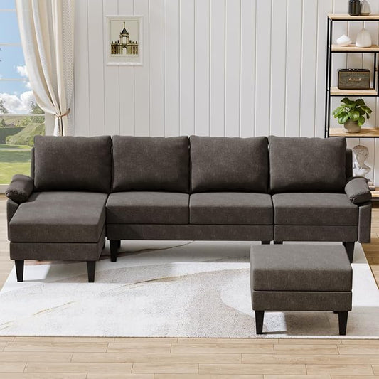 115 Inch Modular Sectional Sofa with Storage Ottoman, Modern L-Shaped Sectional Couch with Chaise, Chenille Couch for Living Room, Apartment or Small Spaces, Brown