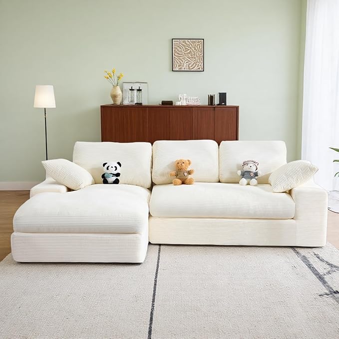L Shaped 4 Seater Sofa, Modern Modular Sofa with 3 Back Cushions & 2 Coordinating Pillows, 98'' Corduroy Leisure Combination Couch with Wide Seat & High-Resilience Foam for Living Room, White