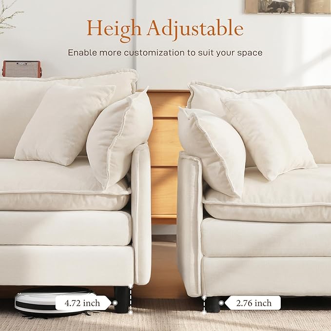 Vesgantti 108" Modular Sectional Sofa, Comfy Cloud Couch with Movable Ottoman Deep Seat Chenille L Shaped Modular Sofa, Sectional Couches for Living Room, Bedroom and Apartment, Beige White