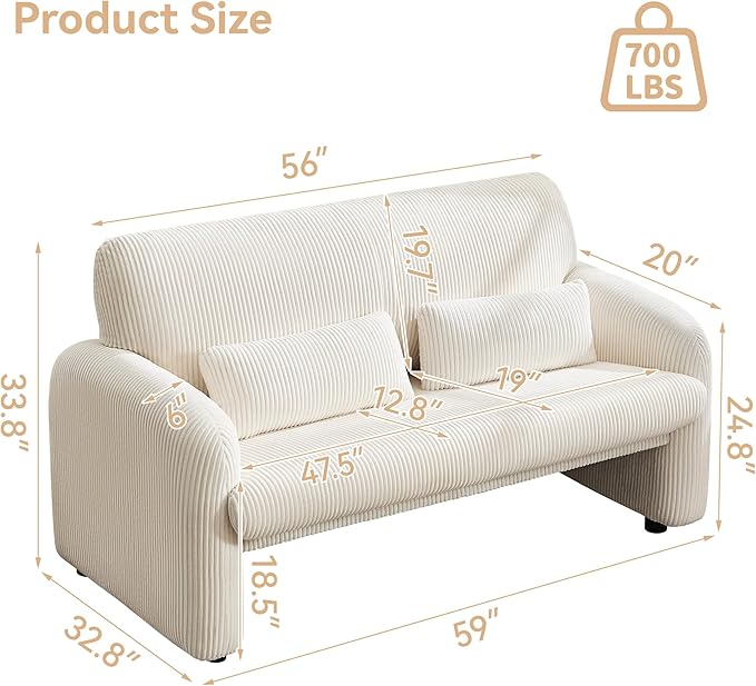WUTUTUEE 56'' Corduroy Loveseat Sofa, 2 Seater Love Seat Couch for Small Space, Comfy Upholstered Modern Leisure Loveseat Couches with Lumbar Pillows for Bedroom, Office, Living Room, White