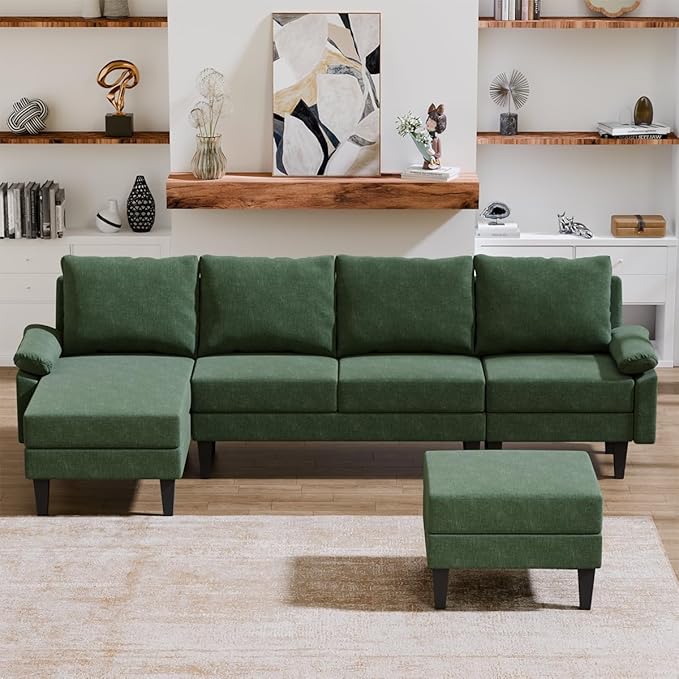 115 Inch Modular Sectional Sofa with Storage Ottoman, Modern L-Shaped Sectional Couch with Chaise, Chenille Couch for Living Room, Apartment or Small Spaces, Green