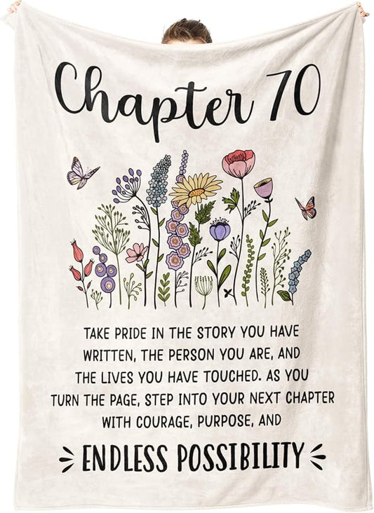 Afterprints 70th Birthday Gifts for Women, Chapter 70 Birthday Blanket, 70 Year Old Bday Gift for Woman, Mom, Friend, Sister, 70th Birthday Decorations, Turning 70 Throw Blankets 50'' x 60''