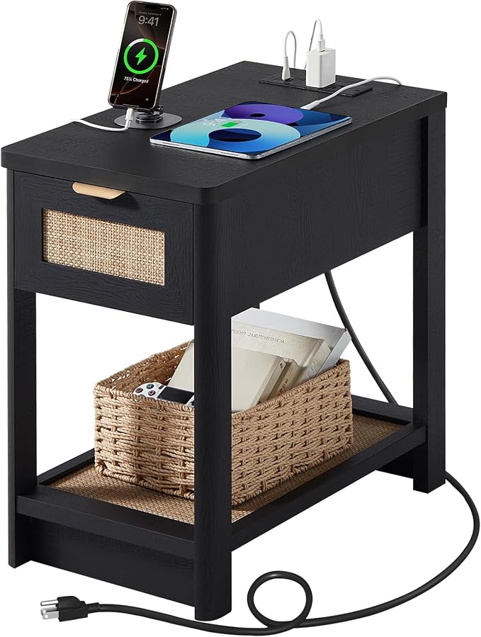 Lerliuo Narrow Night Stand with Charging Station, Boho Nightstand with Drawer, Bed Side End Table with Rattan Shelf for Small Spaces, Wood Nightstands Bedside Tables for Living Room Bedroom by Lerliuo