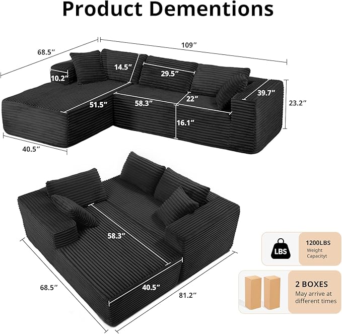 LUCKLIFE 108" Modular Sectional Couch with L-Shape Chaise,Corduroy Upholstery Boneless Couches for Living Room,Oversized Sleeper Sofa,No Assembly Required (Black, L Shape with Left Facing Chaise)