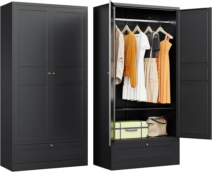 SISESOL Metal Wardrobe Cabinet with Drawer,Armoire Wardrobe Closet with Doors,Black Metal Clothing Storage Cabinet with Adjustable Shelves and Hanging Rod for Home,Bedroom Armoires