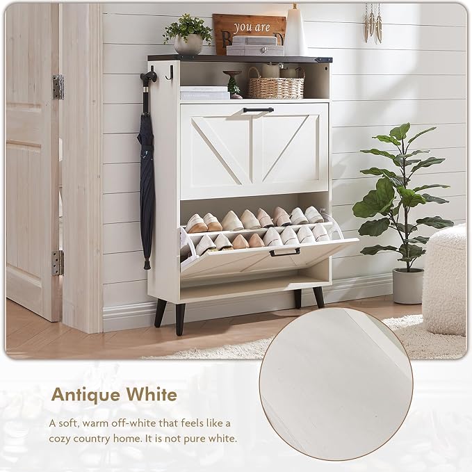 Barnyatoh Shoe Storage Cabinet,Farmhouse Shoe Organizer with 2 Flip Drawers & Barn Door Design,Freestanding Hidden Slim Narrow Shoe Rack Cabinet with Open Storage for Entryway, Foyer,Antique White - Image 4