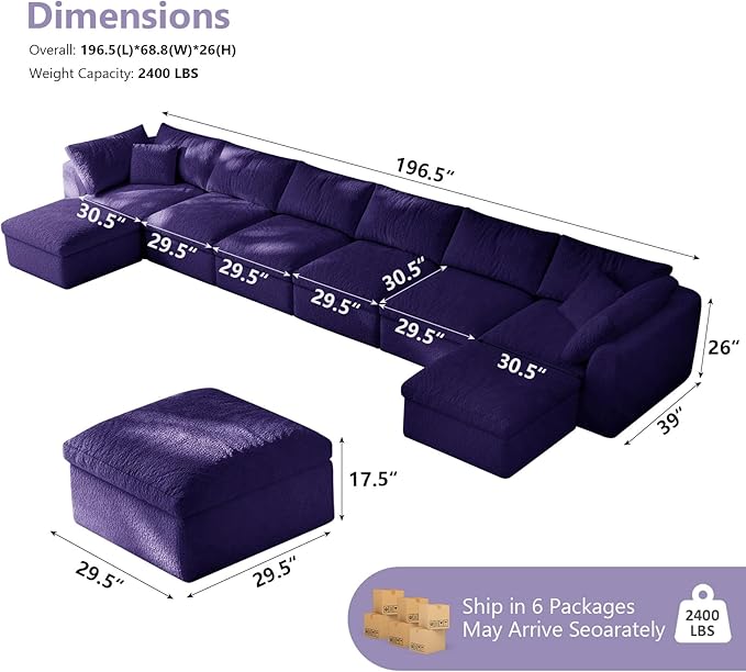 Modular Sectional Sofa Boneless Cloud Couch for Living Room, U Shape Deep Seat Recliner Sofa with Ottoman, Adjustable Backrest & 2 Throw Pillows - Covers Washable, (Purple, 6 Seater+2 Ottoman)