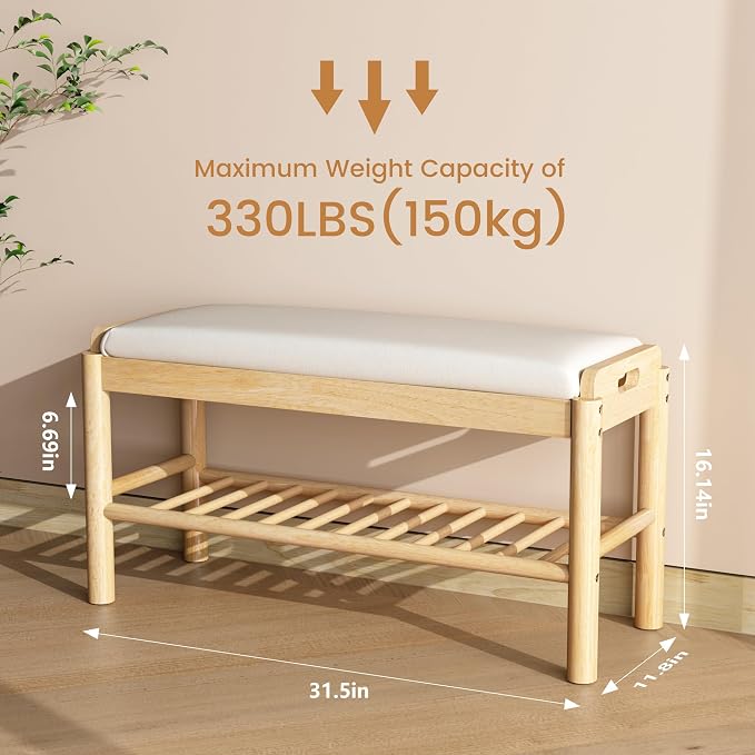 Entryway Shoe Storage Bench, 2-Tier Wood Shoe Rack with Cushion, Padded Seat Entryway Organizer with Shelf & Hidden Storage for Entry, Hallway, Living Room, Bedroom, Closet (Natural, 31.5") - Image 2