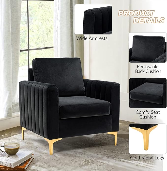 HULALA HOME Velvet Accent Club Chairs Set of 2, Modern Velvet Armchair Upholstered Accent Club Chairs Sofa Chairs with Gold Metal Legs Mid-Century Barrel Leisure Comfy Reading Armchair, Black