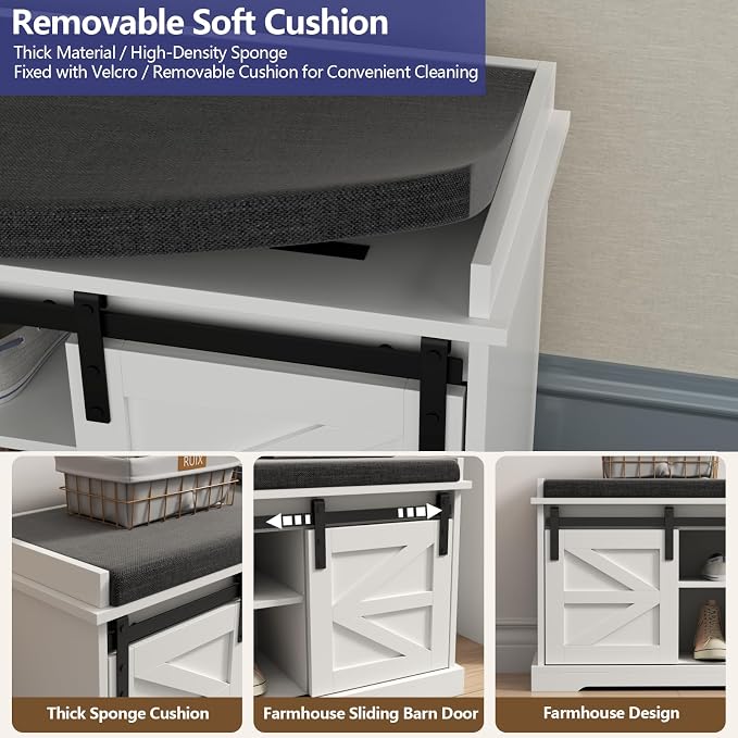 Loomie Shoe Storage Bench, 2-Tier Farmhouse Entryway Bench with Sliding Barn Door Storage Cabinets & Full Soft Removable Seat Cushion, Silm Shoe Rack with Shoe Cabinet for Entryway, Hallway, Bedroom - Image 5