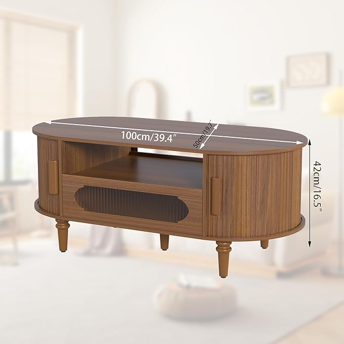Fluted Oval Coffee Table for Living Room, Wood Round Coffee Table with Storage, Low Small Center Tables with Drawer, Sliding Door, Mid Century Modern, Boho, Rustic, Walnut