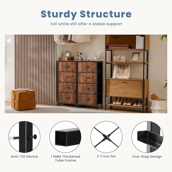 Simple Deluxe 4 Drawer Dresser, Fabric Storage Tower Organizer with Sturdy Steel Frame and Wood Top, Easy Pull Handles, for Bedroom, Entryway, Hallway, Brown