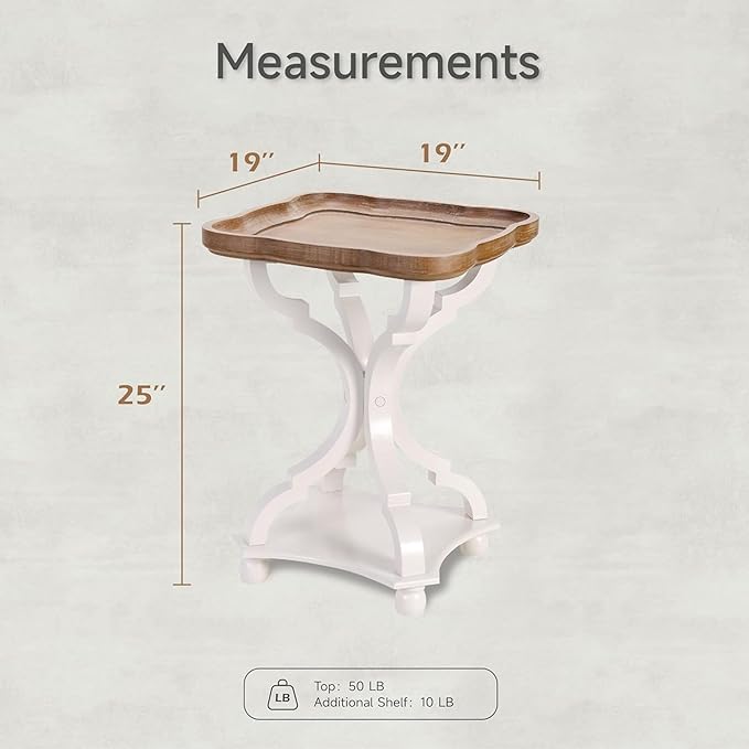 COZAYH Farmhouse Cottagecore End Table, Rustic Wood Tray Top Square Accent Table with White Curved Legs for Family Room, Living Room, or Small Spaces