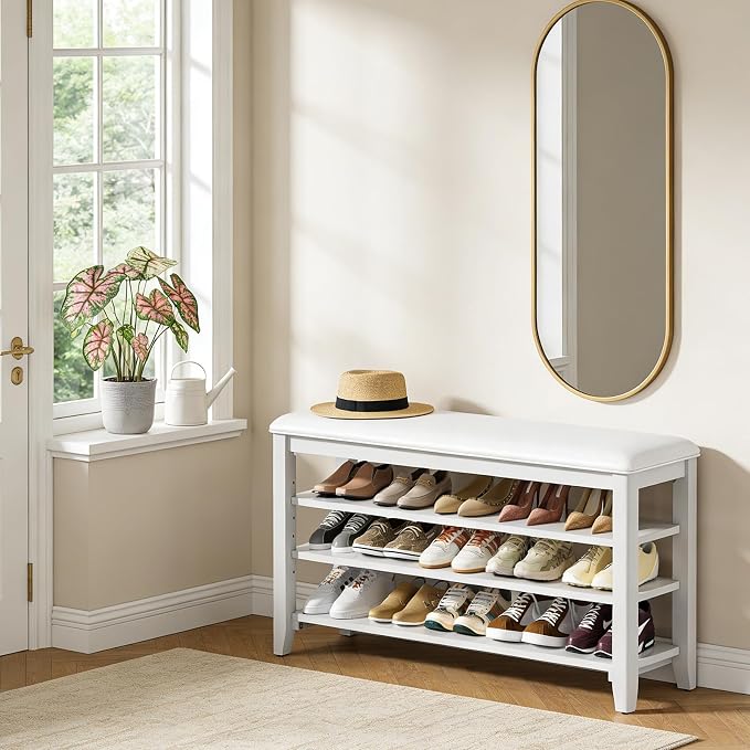 Shoe Rack Bench Entryway Storage with Leather Cushion, Shoe Organizer Bench for Entryway, Ideal for Front Doors Entrances Hallway Mudroom Featuring Rubberwood And 3 Height-Adjustable Removable Shelve - Image 2