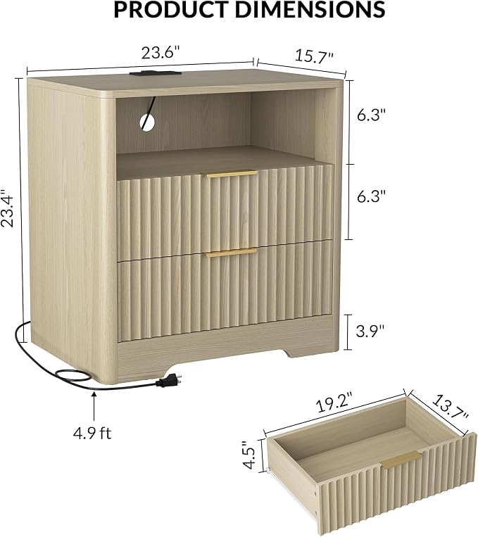 Modern Fluted Nightstands with Charging Station, Drawers, and Smart Night Light, Large Wood Nightstand with Storage Shelf, Side Tables for Bedroom, Living Room - Image 2