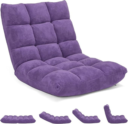 14-Position Floor Sofa, Folding Gaming Sofa Chair, Comfy Cushions & Study Steel Frame, Angle Adjustable Sleeper Bed, Couch Recliner (Purple)