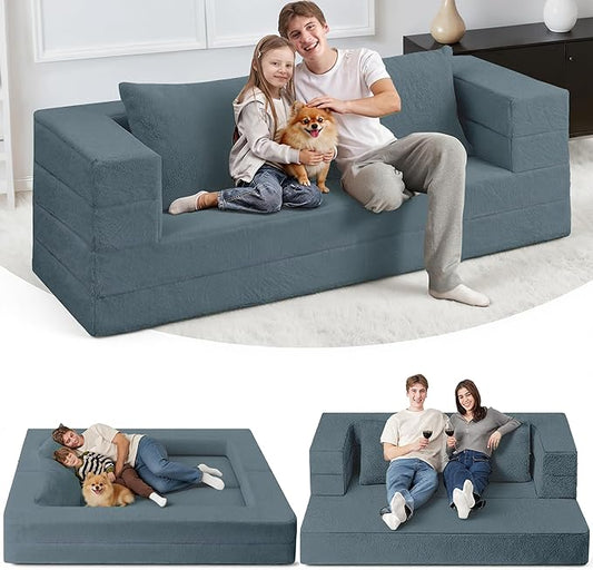 Futon Sofa Bed with Pillow, 3-in-1 Sleeper Sofa Bed with Removable Cover, Convertible Floor Sofa Bed, No Assembly Boneless Couch for Living Room, Bedroom