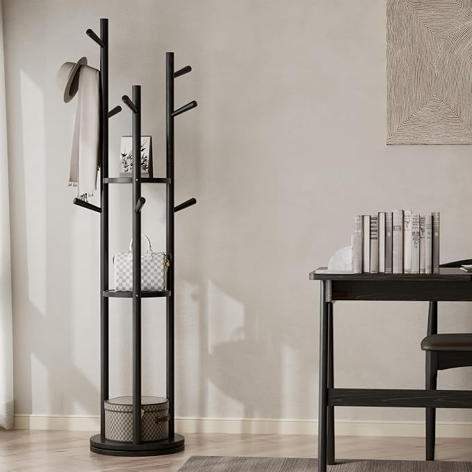 Muwuele Solid Wood Rotary Coat Rack, Freestanding Coat Rack with 3 Shelves and 9 Hooks, Coat tree for Bedroom, Entryway, Livingroom, Coat Hanger Stand for Coats, Scarves, Handbags (Black) - Image 7