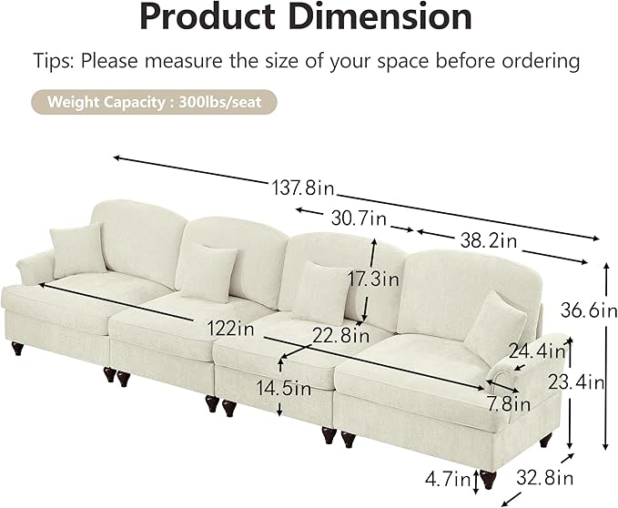 KEIKI Mid Century Modular Sofa with Flared Arms and Skirted Design, 137“ Oversized 4-Seater Luxury Chenille Sectional Couches for Living Room, Big Comfy Couch Bedroom Furniture, Beige White