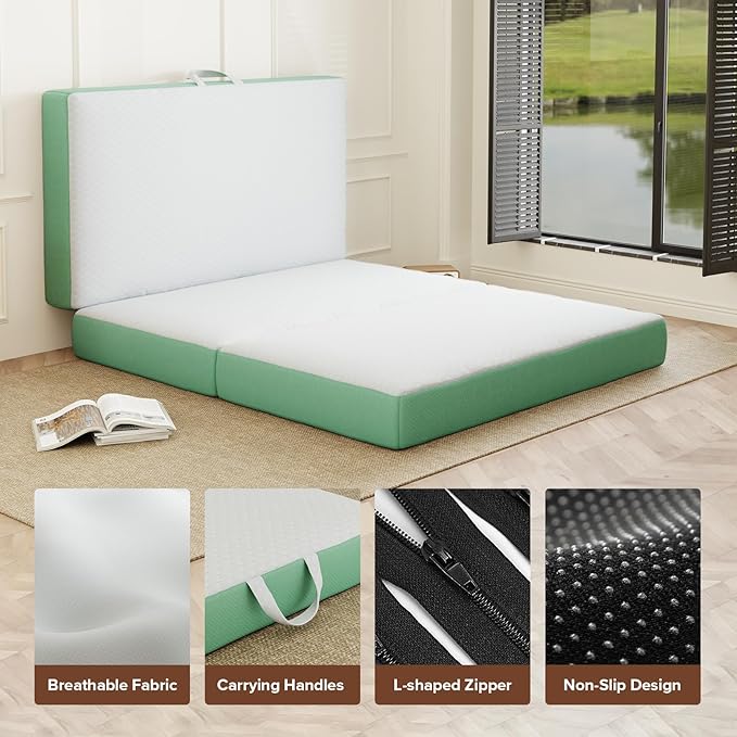 ROXGOX Memory Foam Trifold Mattress, Full Portable Floor Bed 4 Inch, Foldable Mat with Washable Cover, Handle & Non-Slip Bottom, for RV, Travel, Camping, Yoga, 73"x52"x4", White Green