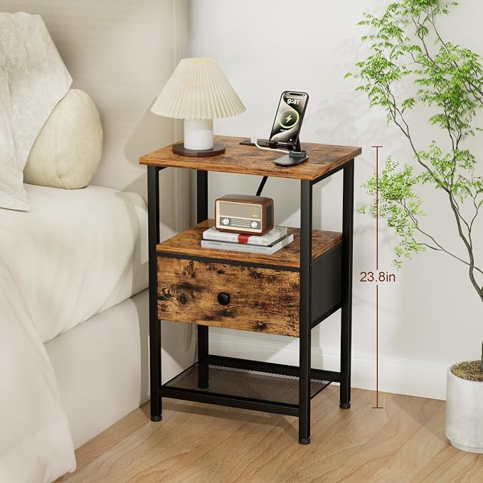 LOAKEKEL Night Stand with Charging Station, Small Bedside Table with Fabric Drawer, Nightstand with USB Ports & Outlets for Bedroom, Brown, HETS010BR-1 - Image 7