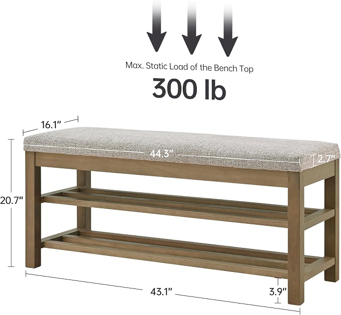 VKNOW Entryway Bench, 44.3” Upholstered Shoe Storage Bench for Bedroom, 2-Tier Storage End of Bed Bench with Rubberwood Legs for Living Room, Hallway, Brown - Image 2